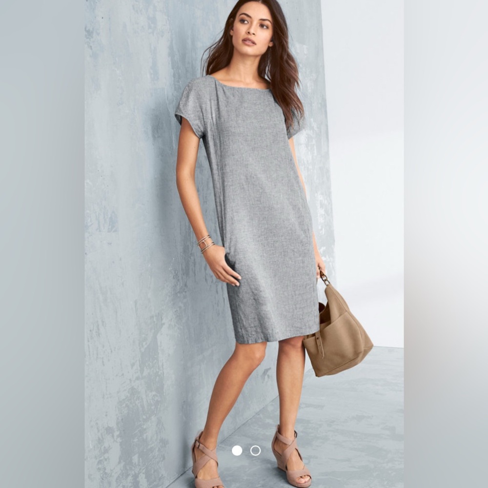 Eileen Fisher Hemp &‎ Organic Cotton Navy and White Shift Dress with Pockets L